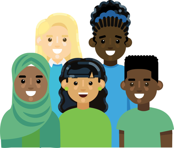 Illustration group of diverse and smiling people dressed in blue and green