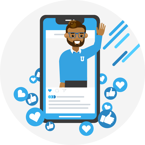 Mobile phone with image of a campus president on the phone waving and social media reaction buttons floating around the bottom of the phone