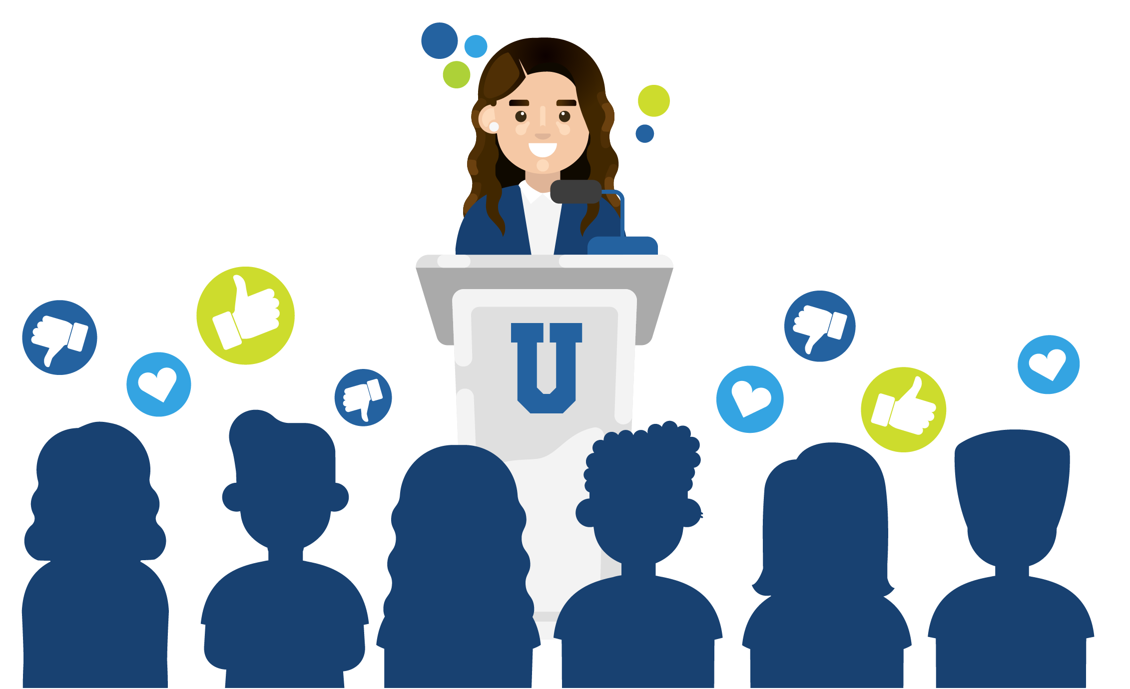 Woman campus executive standing at a podium in front of a student audience with a variety of social media icons: hearts, thumbs up, and thumbs down