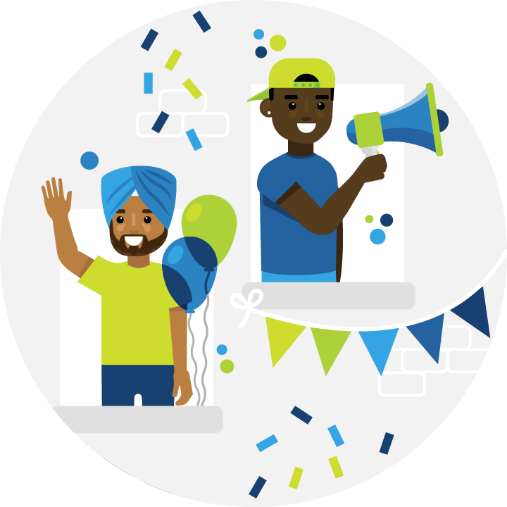 Two students celebrating, one holding balloons and another speaking into a microphone with a banner and confetti around them